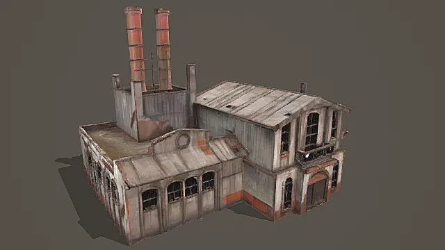 复古废土双烟囱工业建筑3D模型