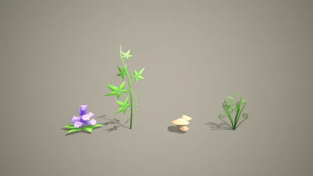 卡通低模竹类紫花与菌类植物 3D 模型套装