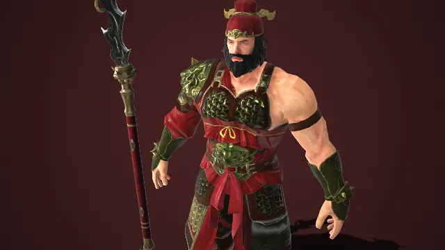 古风风格  中式猛将  3d角色模型  红顶花饰冠  健硕臂膀  甲面饰兽纹  尖刃长兵  