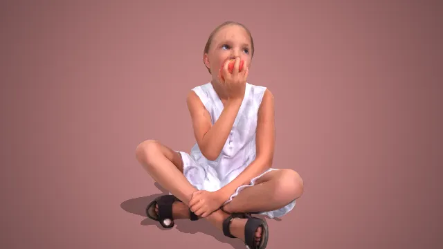 浅银无袖裙小女孩盘腿吃苹果坐姿 3D 模型