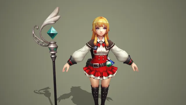 卡通写实风炼金少女法师带绿晶法杖 3D 游戏角色模型