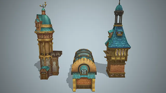 奇幻塔楼建筑群  哥特式尖顶  城镇场景  做旧复古