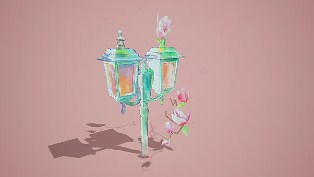   卡通风格3D路灯场景模型，创意设计（卡通路灯、3D模型、蓝绿色主体、彩色装饰、灰色背景、趣味造型 ）
