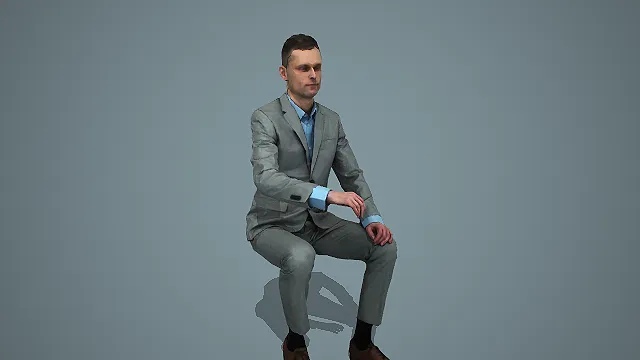 浅灰西装配蓝衬衫男性坐姿商务人物 3D 模型