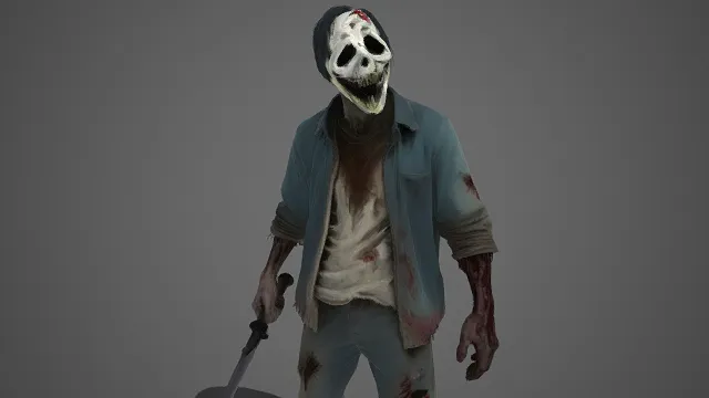 惊悚题材  凶徒  咧嘴骷髅面具  牛仔外套与长裤  血渍  长刀  暴力  恐怖游戏