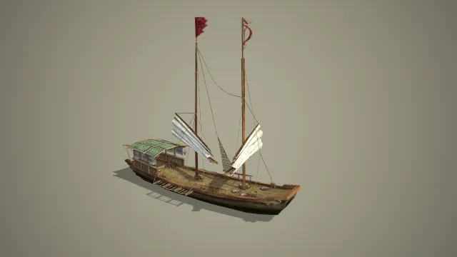 写实风格双桅带旗古风战船 3D 水上战争场景道具模型