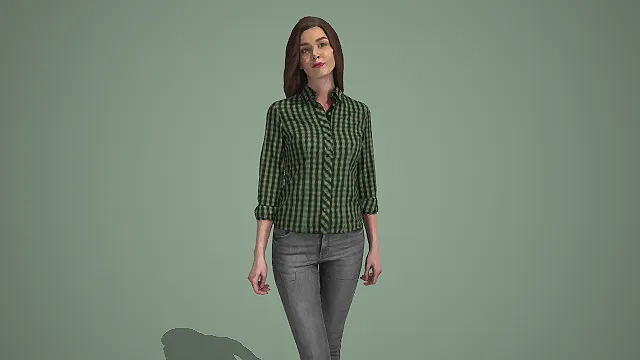 绿格衬衫配灰裤女性交叉站姿休闲人物 3D 模型