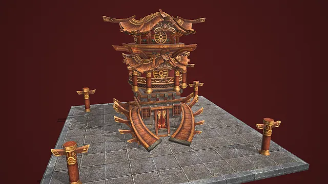 中式楼阁配雕纹立柱及双坡门的古风建筑 3D 模型