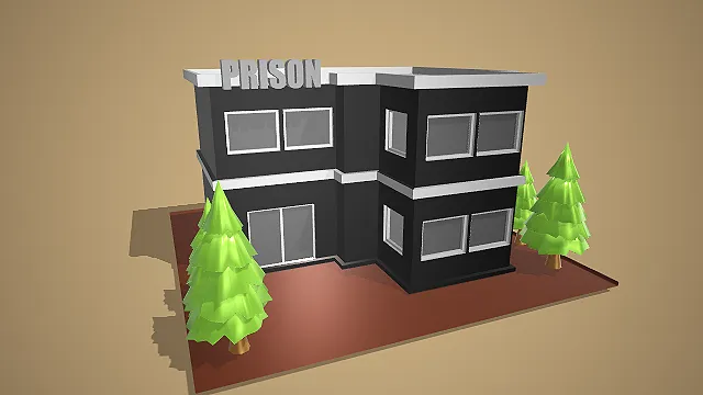 卡通风格双层监狱建筑 3D 低多边形城市场景装饰模型