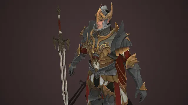 灰金纹战甲战士  三刃长剑  红纹披风  尖角头盔  骑士形象  3D 角色模型  高贵