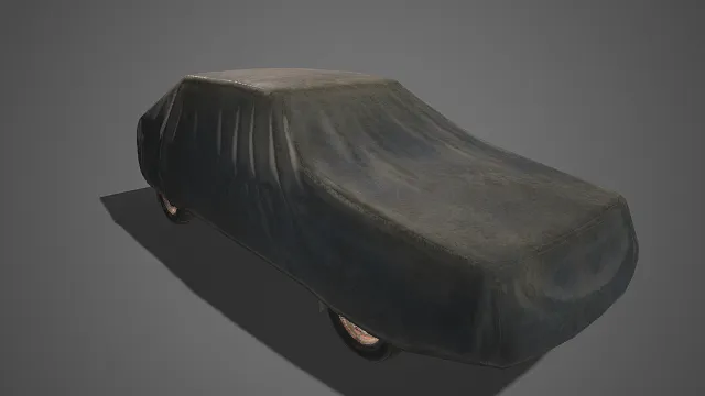 深色车衣覆盖  轿车  哑光灰黑色  自然褶皱  金属轮毂  防尘保护