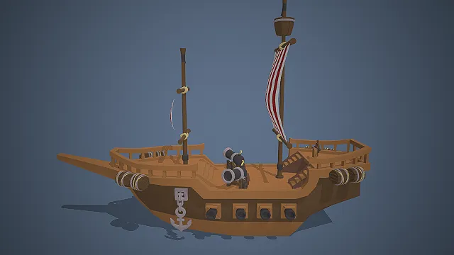 卡通海盗船  低多边形风  船载火炮  航海题材