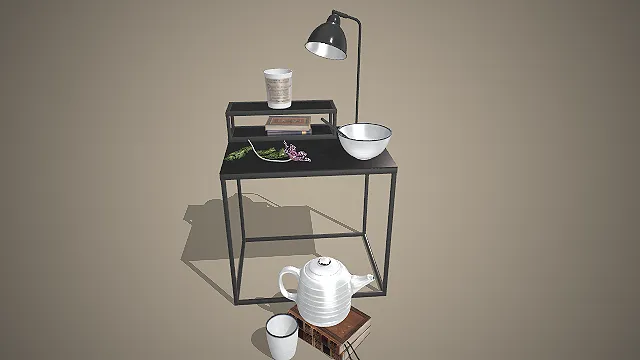 工业风边几  生活物品  室内陈设建模  白瓷茶具