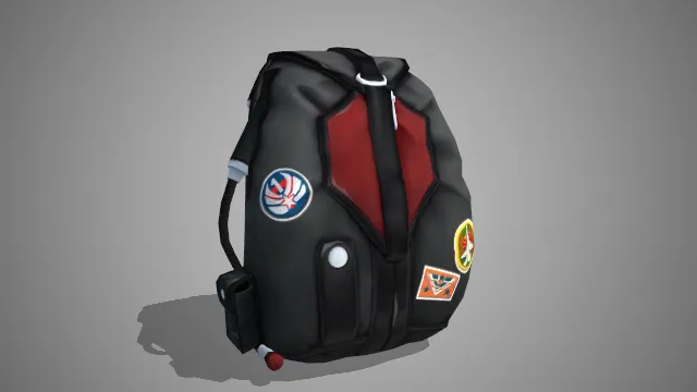 黑色背包有红色作为拼接，贴有贴纸装饰