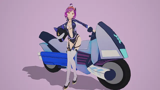 卡通风格3D动漫女孩与摩托模型，创意设计（卡通动漫女孩、3D模型、粉色头发、多彩服饰、白色长袜、蓝色摩托、粉色背景、独特