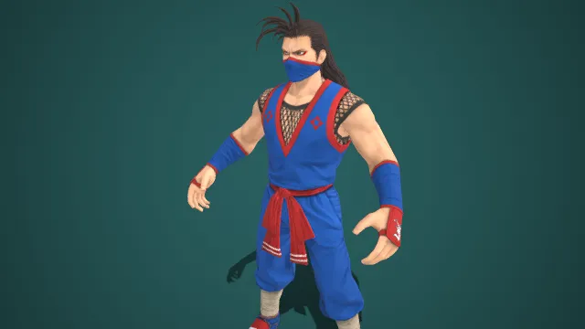 蓝装红饰：蒙面的武道格斗者  男性角色模型  传统武道服  蓝巾蒙面  网纹肩甲  硬核武侠类