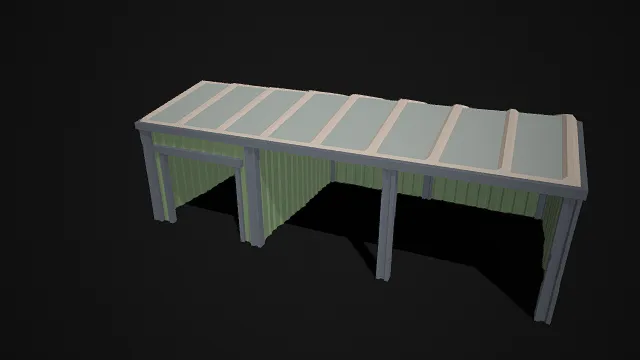 低多边形  户外棚架建筑  浅灰色分块顶棚  米白色装饰线条  波纹板  金属立柱  卡通化  