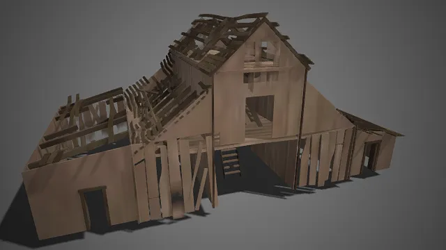 木质房屋  板材断裂歪斜  房屋框架裸露  建筑废弃  衰败荒凉的氛围  荒野求生