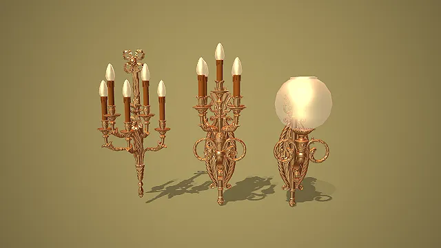 欧式复古金色雕花三款烛台壁灯组合场景装饰模型