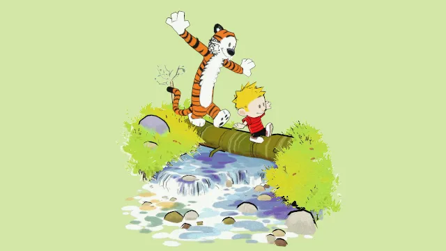 卡通风格calvin和hobbes过木桥溪流小男孩老虎