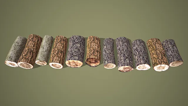 多尺寸多纹理原木段组合 3D 木工场景装饰模型