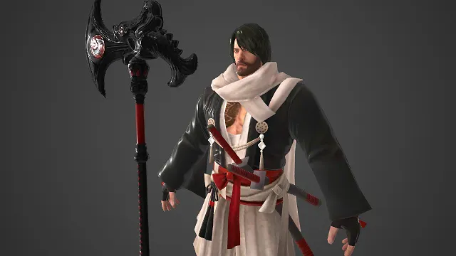 日式和风  3D角色模型  黑袖外褂  狂战士  黑红纹巨斧  兽形雕纹  近战武力定位