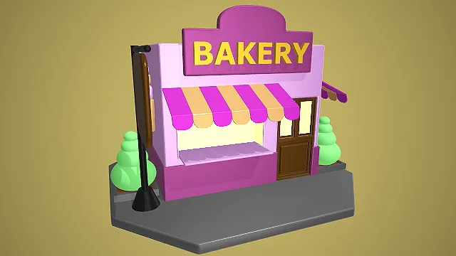 卡通风格单层面包店 3D 低多边形城市场景装饰模型