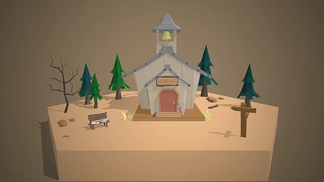 一个卡通风格的3D低多边形西部乡村学校模型