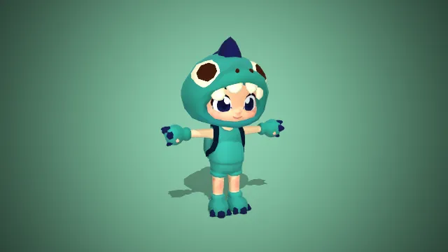 Q 版恐龙装扮卡通角色：萌系绿恐龙造型小角色 3D 模型