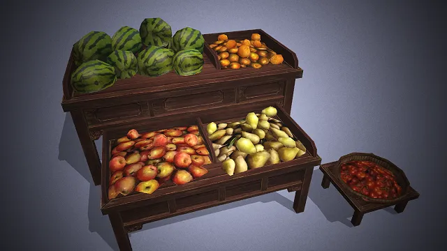 一个写实风格的3D古风水果摊模型