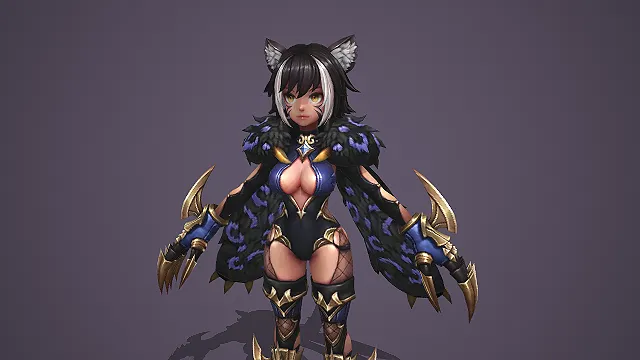 卡通 Q 版双色发猫耳豹纹女战士带利爪铠甲 3D 游戏角色模型