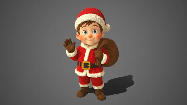 圣诞装  男孩  节日  绒毛装饰  布袋  温馨欢快氛围  