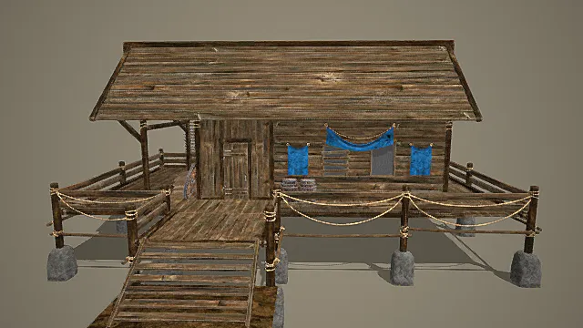 国风船坞风格临水木舍模型