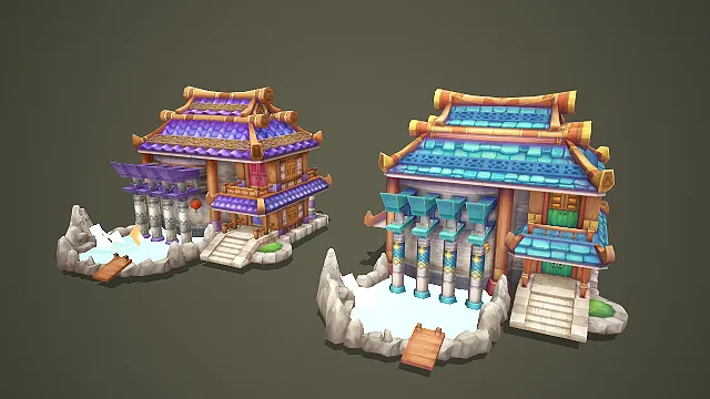 卡通风格紫蓝双色古风临水神殿游戏场景低模素材