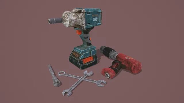 3D卡通风格老旧工具组合模型，创意设计（3D工具组、卡通风格、写实风，工具设计主题）