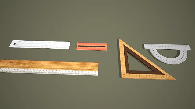 低模手绘风格学习文具 3D 模型 尺子量角器套装素材