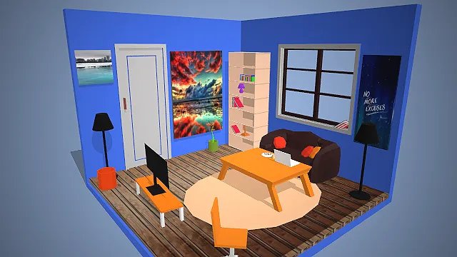 一个低模风格的3D蓝色客厅模型，搭配懒人沙发