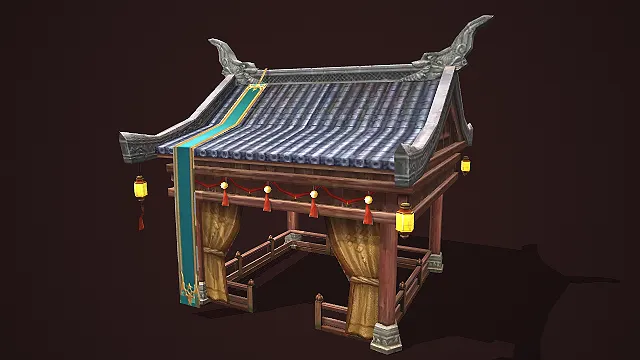 带灯笼与帷幔的中式古风四角凉亭