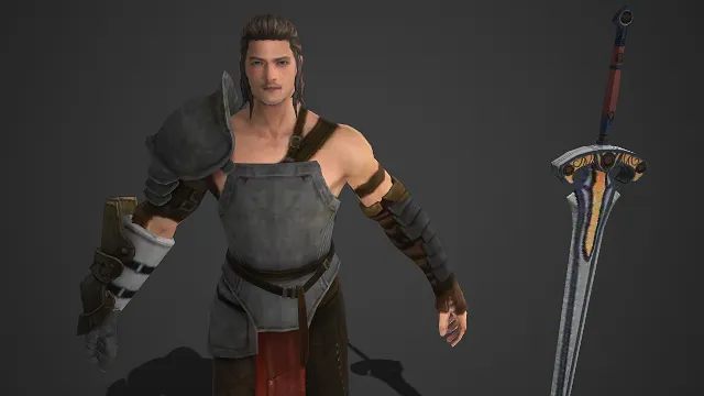 冒险风格  3D角色模型   剑士  身形壮硕  复古质感  长剑  皮质护具  灰铁半身甲