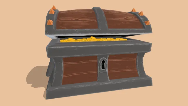 风格化的带有宝藏的宝箱木箱子金币