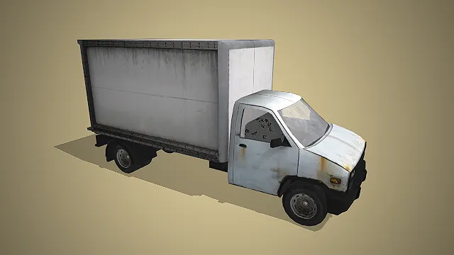 一款表面布满锈迹与污渍的厢式货运卡车的3D模型