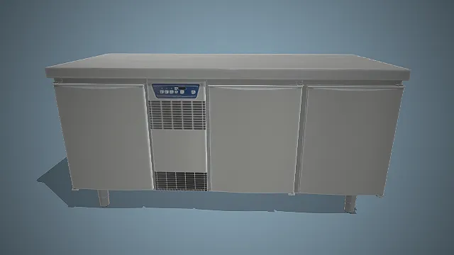 一个商用三门操作台保鲜设备的3D模型