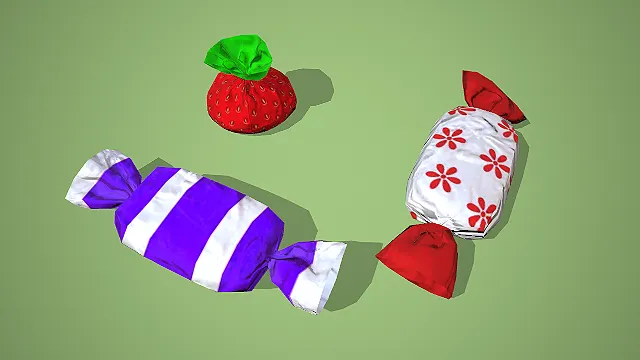 卡通风格草莓造型与条纹包装糖果组合 3D 低多边形场景装饰模型