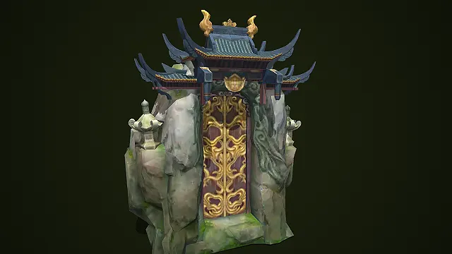 嵌在山崖中的带中式门楼的洞府大门