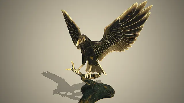 青铜质感的乌鸦雕塑模型，呈现出乌鸦展翅栖息于树枝的姿态