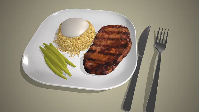 一个写实风格的常见健康西式主餐牛排套餐的模型