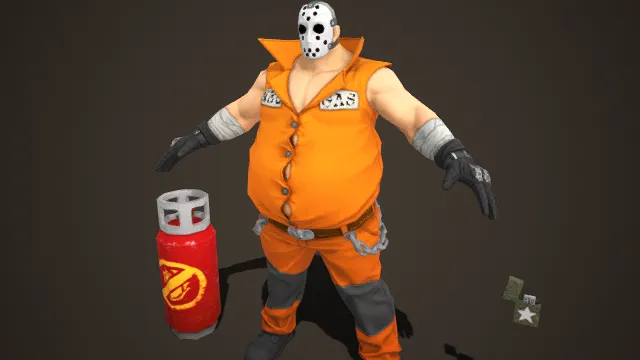凶悍亡命徒  反派角色  破襟橙色囚服  煤气罐武器  危险道具  粗野调性  橙黑主色