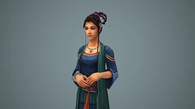 古风蓝衣仕女 3D 模型 低模古装温婉女性 NPC 角色素材