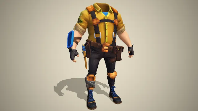 男士服装，上半身黄色短袖衬衫，下半身工装裤