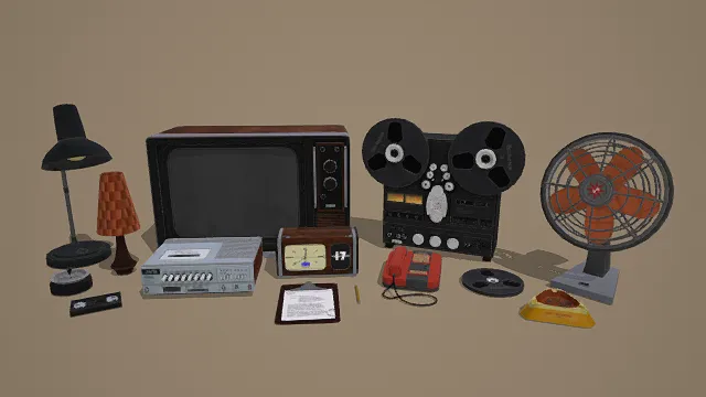 3D卡通风格棕黑红灰系复古电器道具模型组，创意设计（3D电器、卡通风格、卡通复古风，电器设计主题）